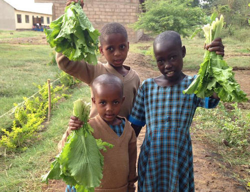 Bandari students holding green leafy vegetables
